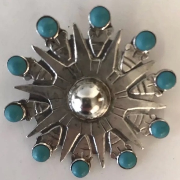 Taxco Mexico Jewelry - VTG STERLING SILVER TURQUOISE BROOCH PIN